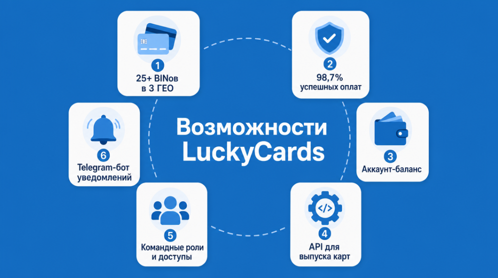 Инфографика функций LuckyCards: BINы, проходимость, баланс