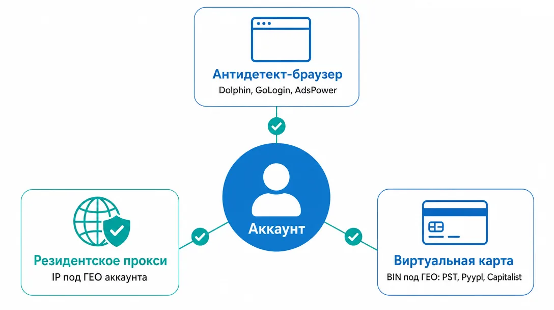 Схема обвязки аккаунта: антидетект прокси и карта