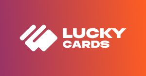 Lucky Cards logo with playing card icon on purple orange gradient background