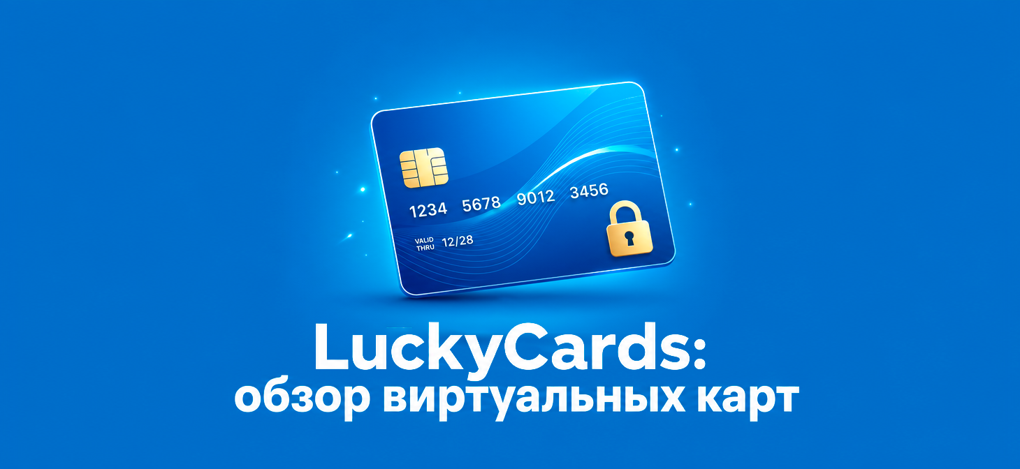 Синяя виртуальная банковская карта с замком для обзора сервиса LuckyCards в арбитраже трафика