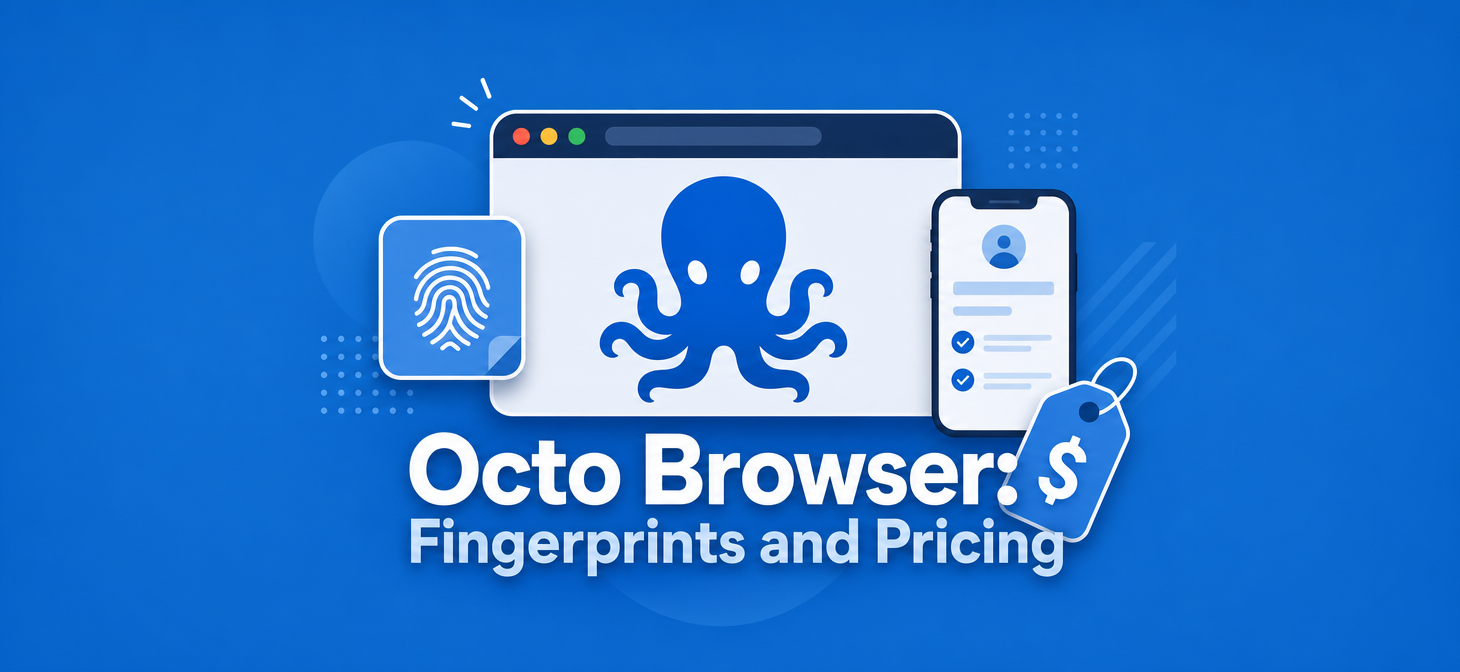 Cover image for article about Octo Browser antidetect browser with fingerprint and pricing icons