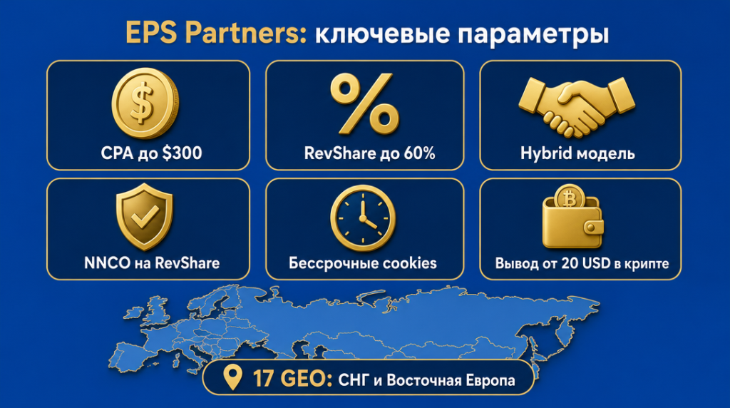 Инфографика ключевых параметров партнерки EPS Partners